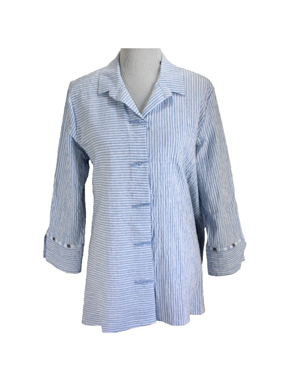 Habitat Striped Blouse Womens Size M Blue White Crinkle 3/4 Sleeve Button Front
